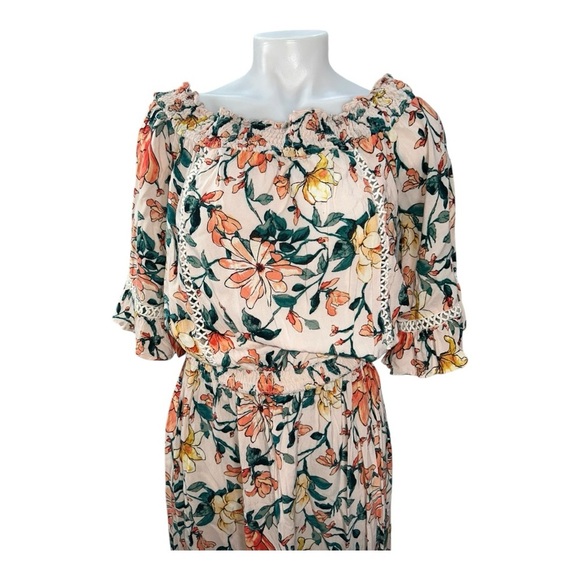 EN CREAM Boho Floral Off-Shoulder Dress size M mix of colors: peach, greens - Picture 2 of 15